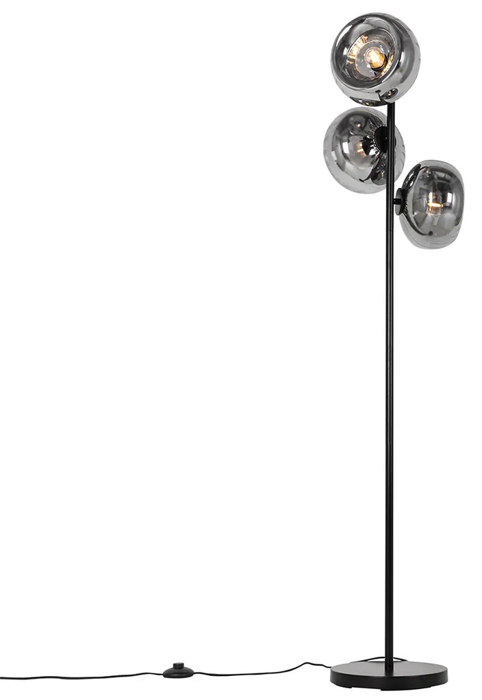 Подова лампа в стил Арт Деко черна с опушено стъкло 3-светлина - Ayesha