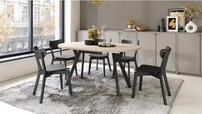 АЛMО Бежово/черни крака - КРЪГЛА РАЗТЕГАТЕЛНА МАСА С Y-ОБРАЗНИ КРАКА В ЛОФТ/ИНДУСТРИАЛЕН СТИЛ ЗА ХОЛ ИЛИ ТРАПЕЗАРИЯ