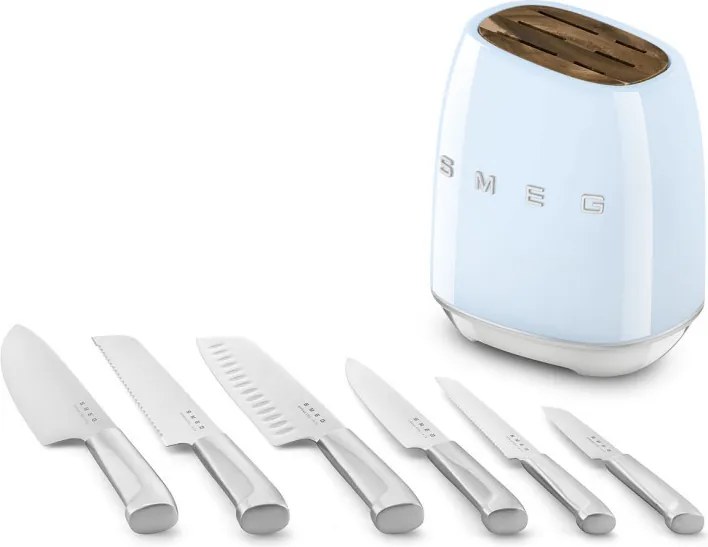 Комплект ножове със стойка SMEG KBSF02PB, 7 части, Слотове от акациево дърво, Немска неръждаема стомана, Пастелно син