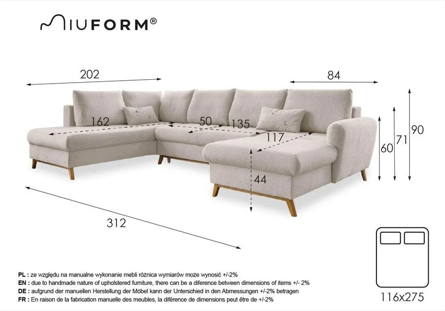 Бежов разтегателен диван в буквата "U", ляв ъгъл Scandic Lagom - Miuform