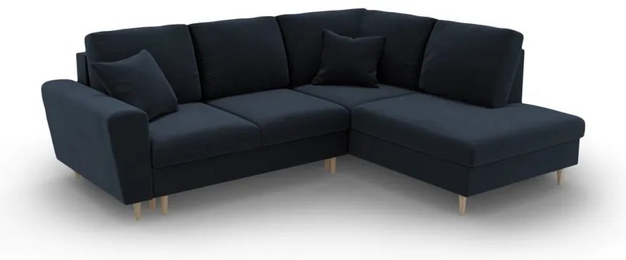 Тъмносин кадифен разтегателен ъглов диван с място за съхранение (десен ъгъл/L форма) Kyoto – Cosmopolitan Design