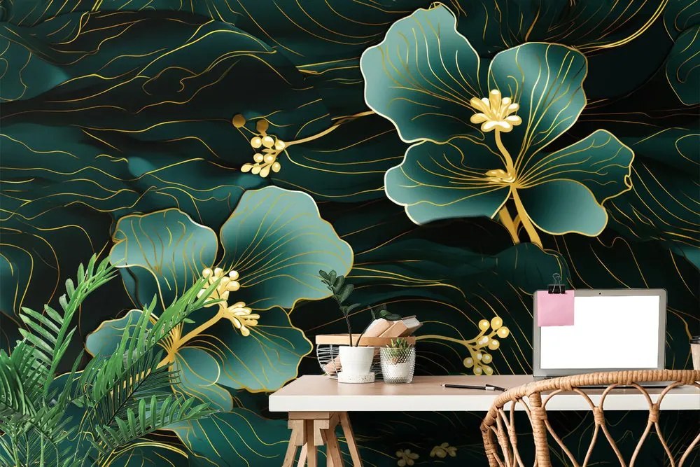 Тапет – Луксозно зелено-златно цвете