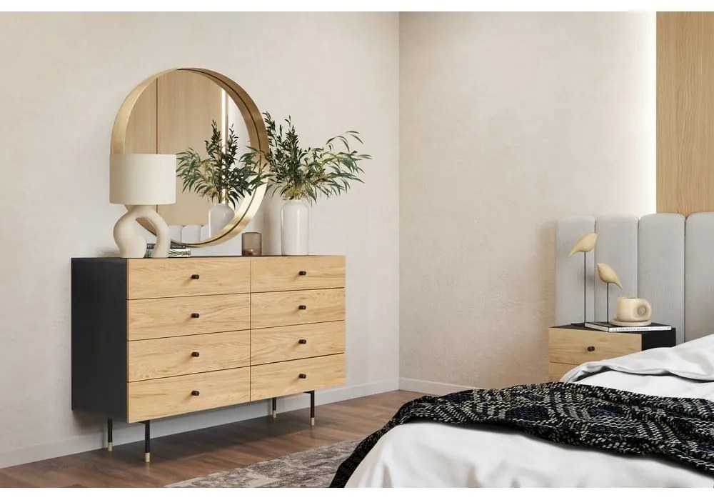 Черен и естествен нисък скрин от дъб 130x87 cm Jugend – Woodman