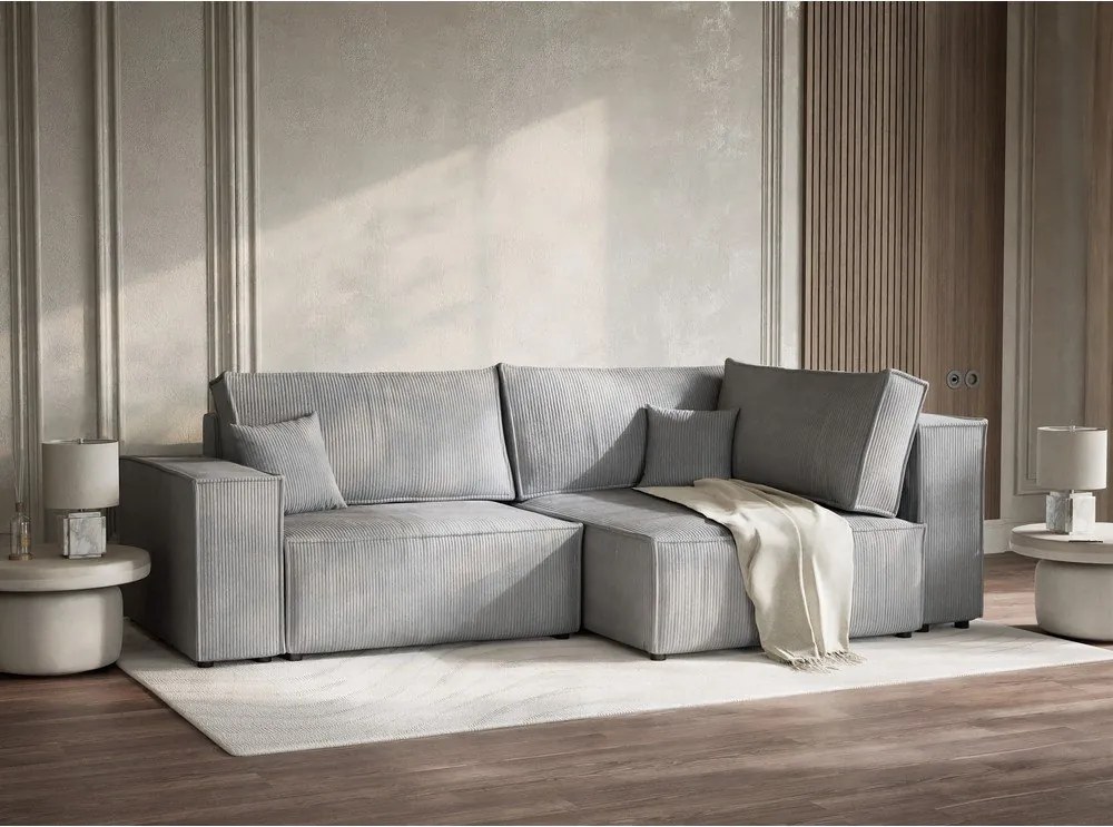 Сив сгъваем/с място за съхранение ъглов диван от рипсено кадифе (десен ъгъл/L форма) Tonga – Maison de Rêve