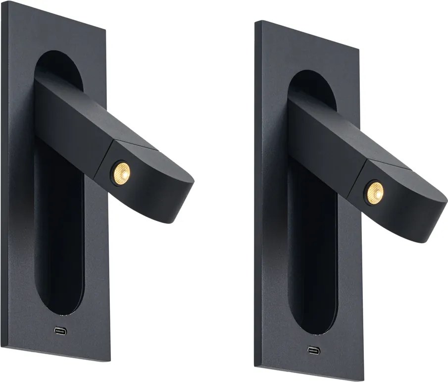 Комплект от 2 модерни стенни лампи черни, включително LED и USB-C порт - Hilton