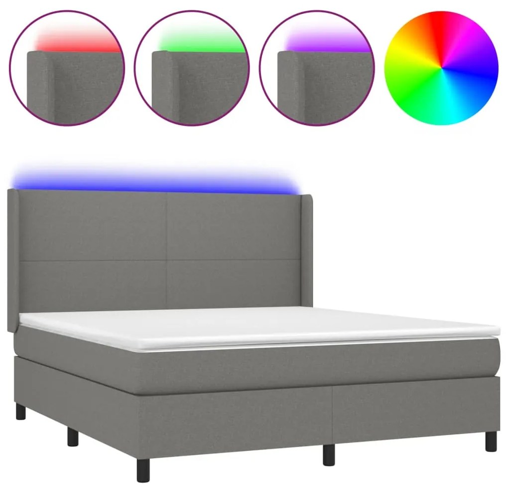 3138174 vidaXL Боксспринг легло с матрак и LED, тъмносиво, 180x200 см, плат