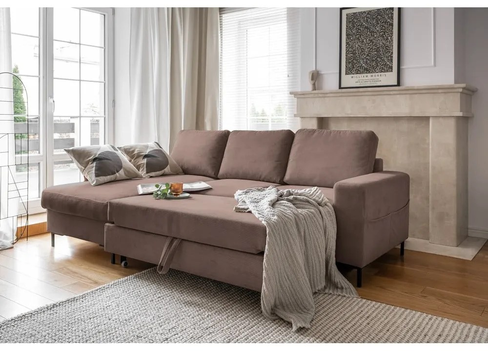 Кафяв разтегателен ъглов диван от рипсено кадифе (ляв ъгъл) Lofty Lilly – Miuform