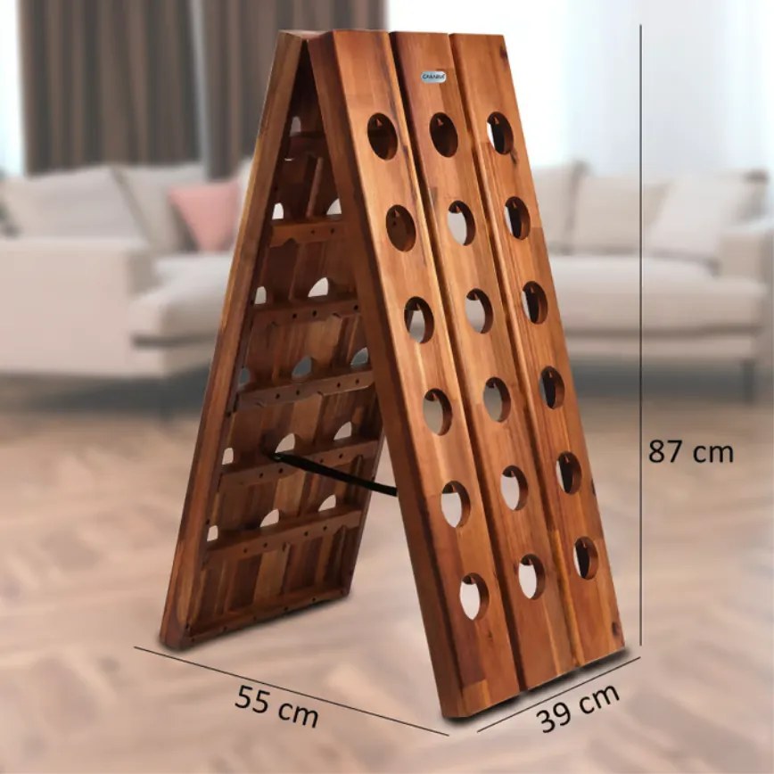 Сгъваема дървена стойка за вино от акациева дървесина за 36 бутилки