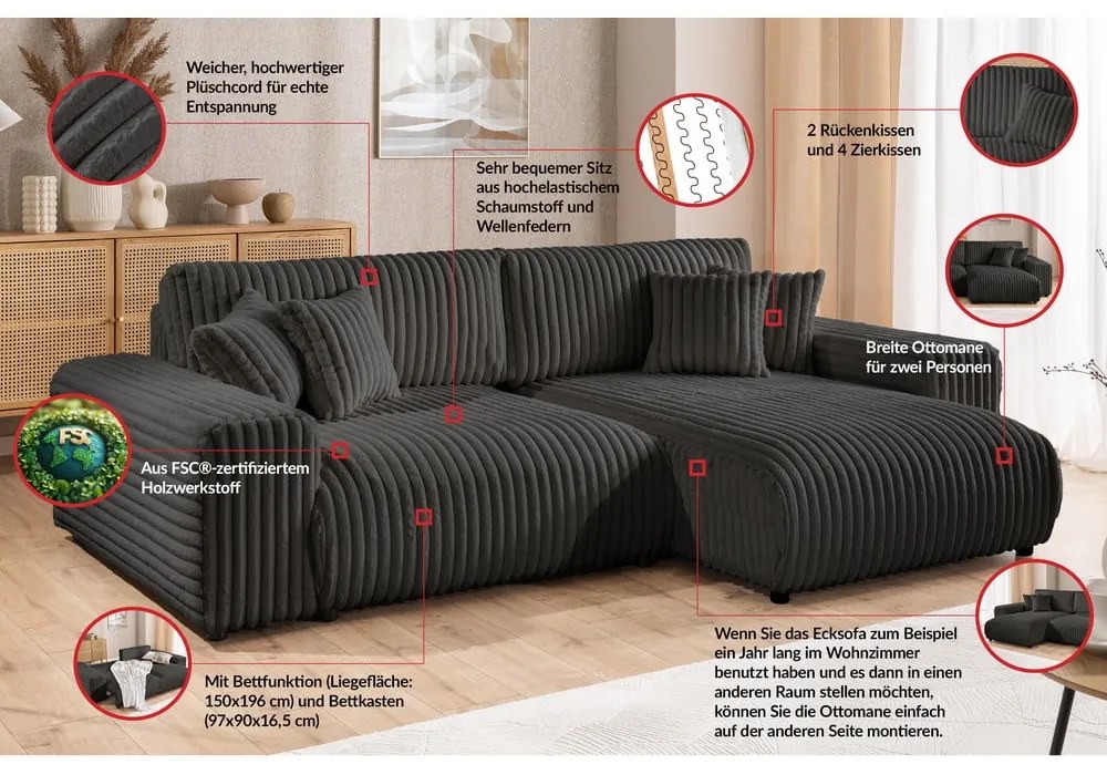 Тъмносив разтегателен ъглов диван от рипсено кадифе с място за съхранение (десен ъгъл) Sarina – Ropez