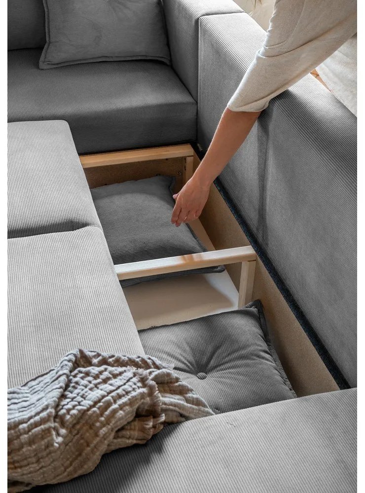 Ъглов разтегателен диван от сив велур (ляв ъгъл/"U") Lazy Lukka - Miuform