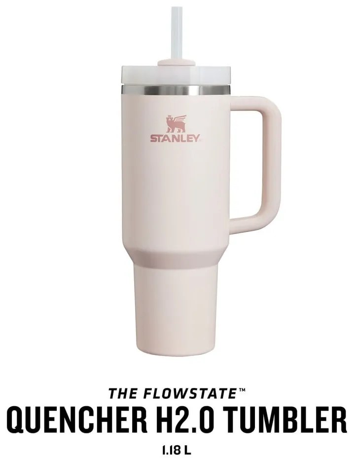 Светлорозов термос със сламка от неръждаема стомана 1,18 l Quencher H2.0 FlowState Tumbler Rose Quartz – Stanley