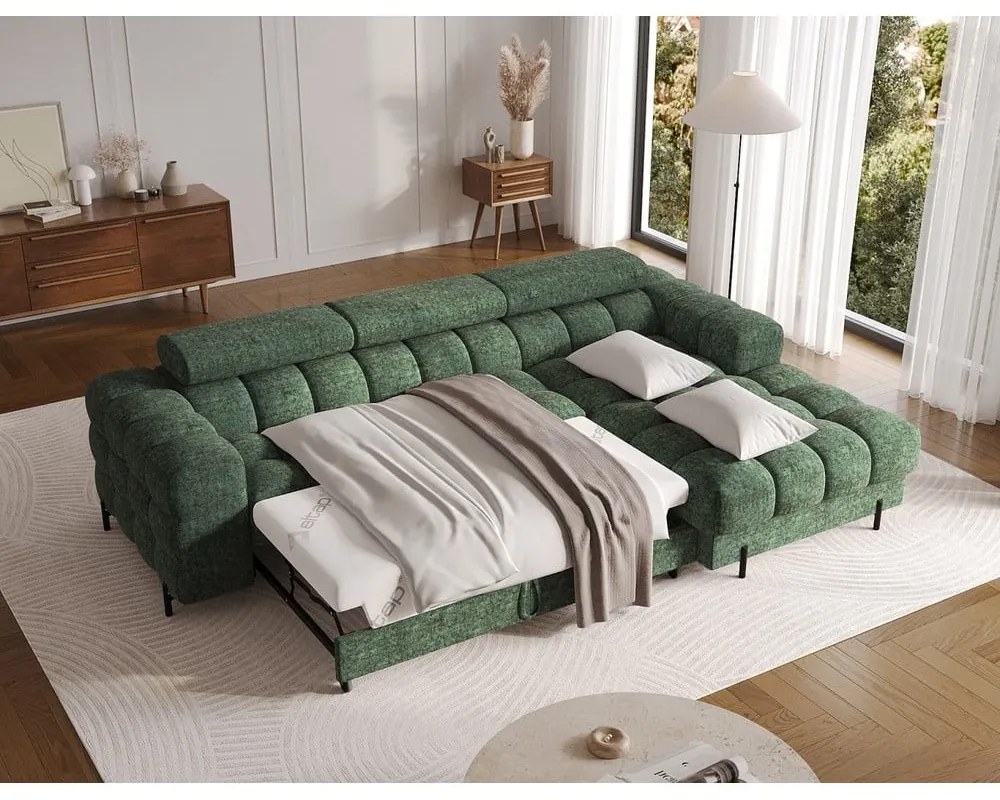 Зелен разтегателен ъглов диван с място за съхранение от букле (десен ъгъл) Felro – ELTAP