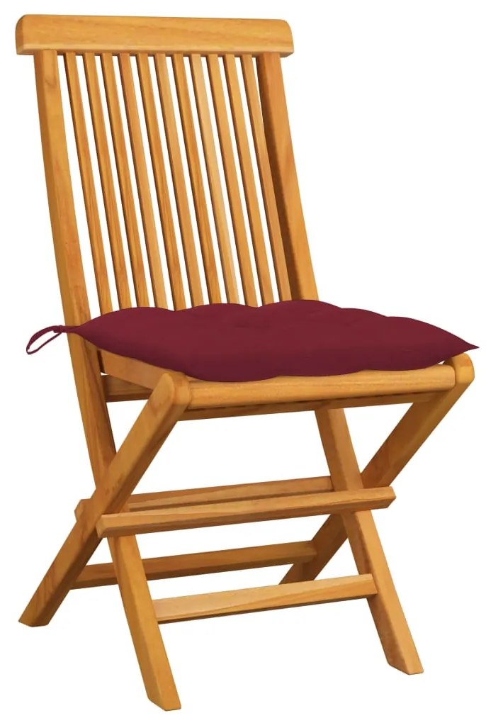 3062484 vidaXL Градински столове с виненочервени възглавници 2 бр тик масив