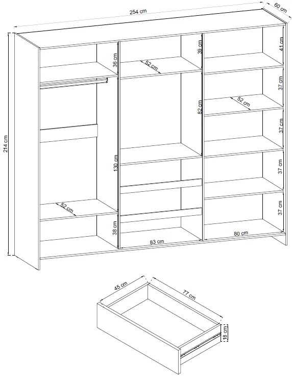 Плъзгащ се гардероб Sharp - дължина: 250 см - сив