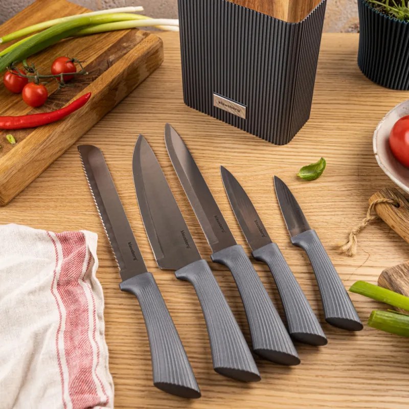 Комплект ножове Klausberg KB 7979, 6 части, Неръждаема стомана, Стойка, Графит/кафяв