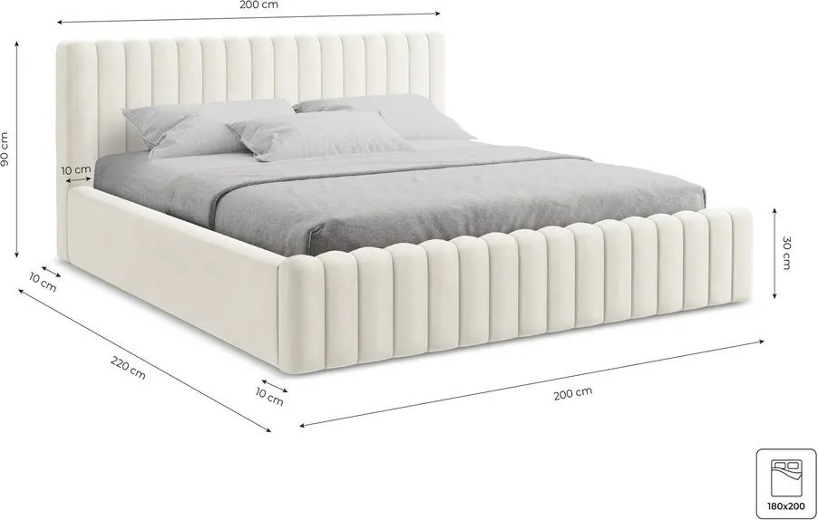 Двойно легло 180x200 cm тапицирано с място за съхранение с включена подматрачна рамка в сребрист цвят Lemi – Makamii