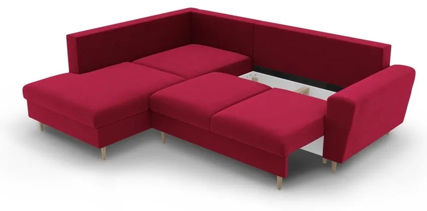 Червен кадифен разтегателен ъглов диван с място за съхранение (ляв ъгъл/L форма) Kyoto – Cosmopolitan Design