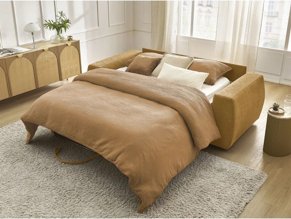 Шенилов диван за ежедневно спане/сгъваем в цвят горчица 220 cm Hugo – Bobochic Paris