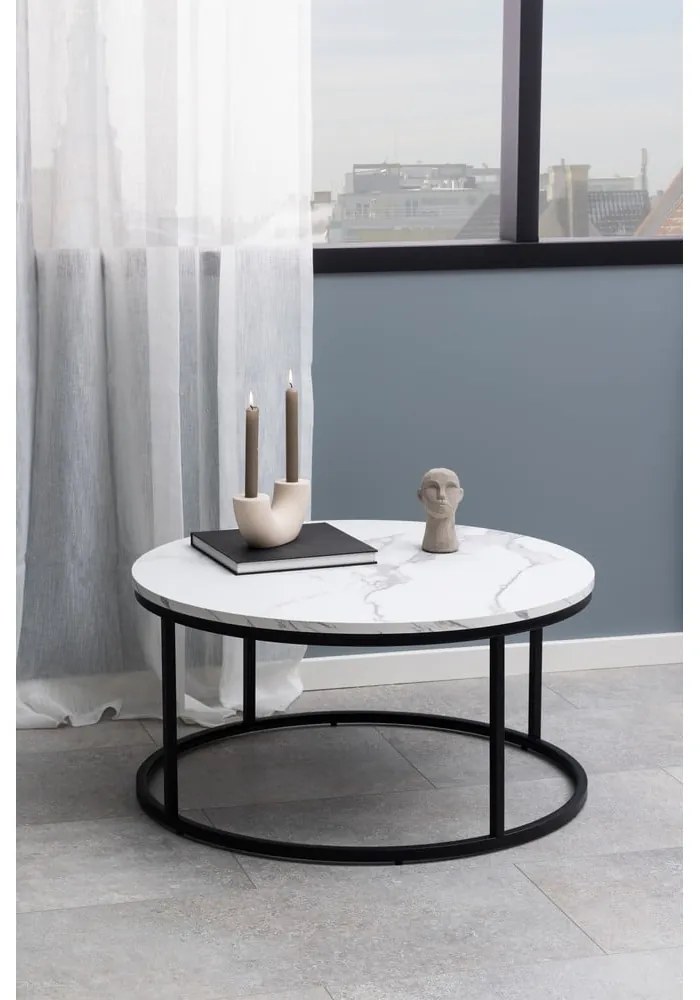 Бяла кръгла масичка за кафе с плот от имитация на мрамор ø 80 cm Spiro – Actona