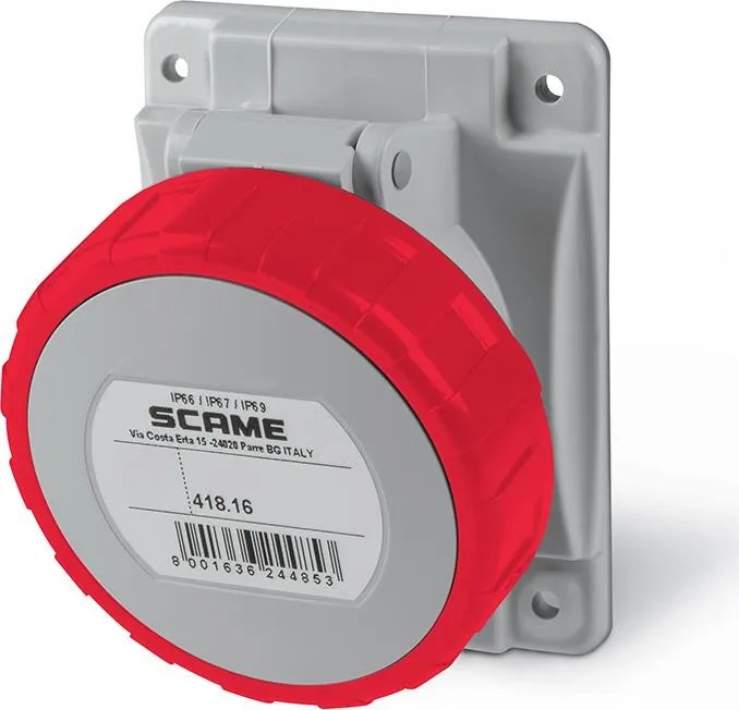 Scame Промишлен контакт 3P+Е 16A 380V IP66 серия Optima панелен монтаж 70х87мм  - 418.1666
