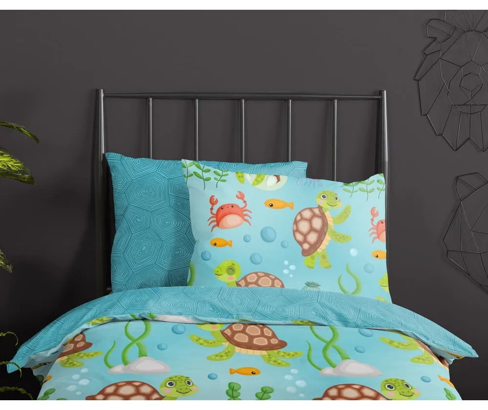Синьо единично удължено памучно детско спално бельо 140x220 cm Turtles – Good Morning