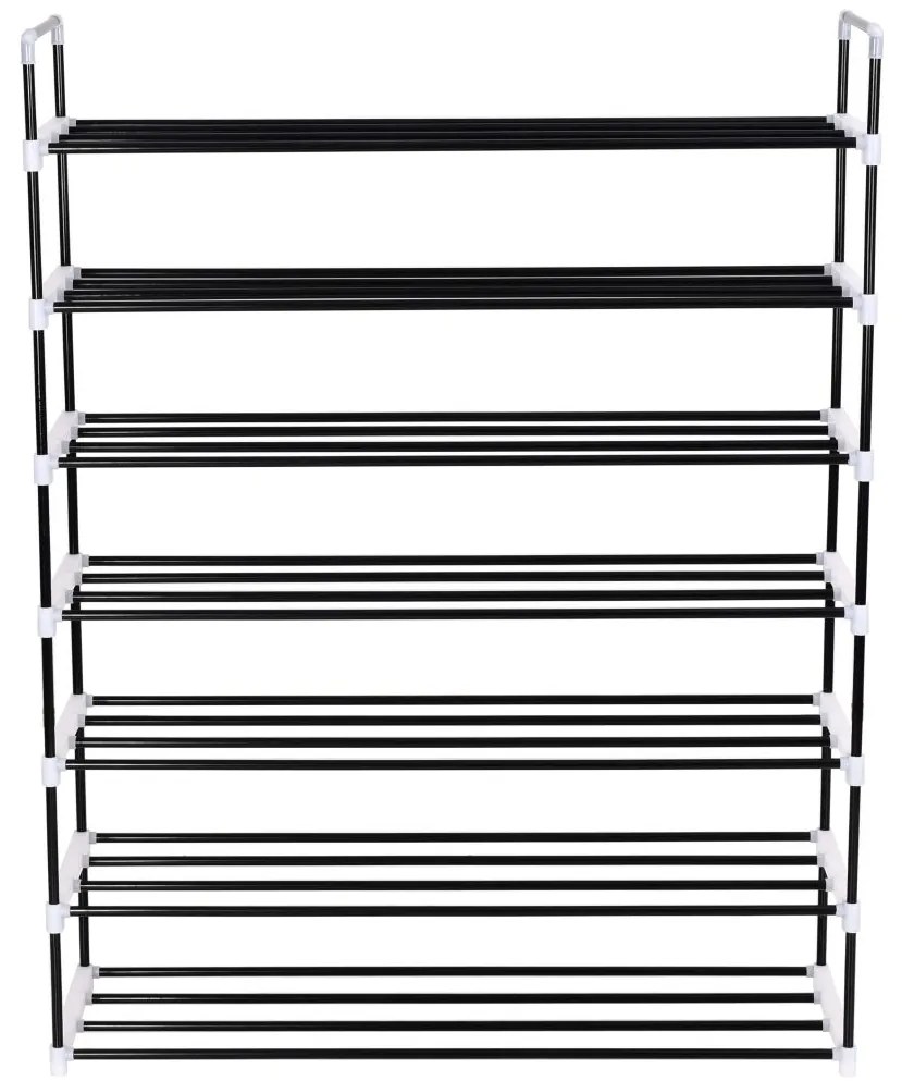 Стелаж за обувки със 7 рафта, метал и пластмаса, черен