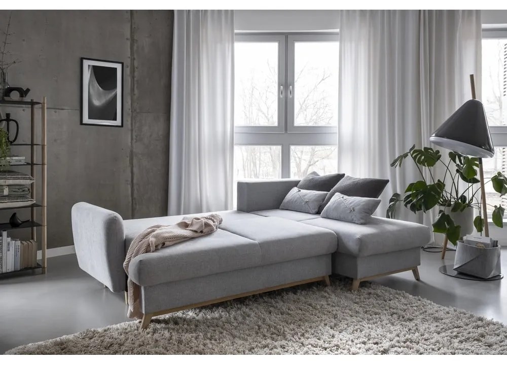 Светлосив разтегателен/с място за съхранение ъглов диван (десен ъгъл) Scandic Lagom – Miuform