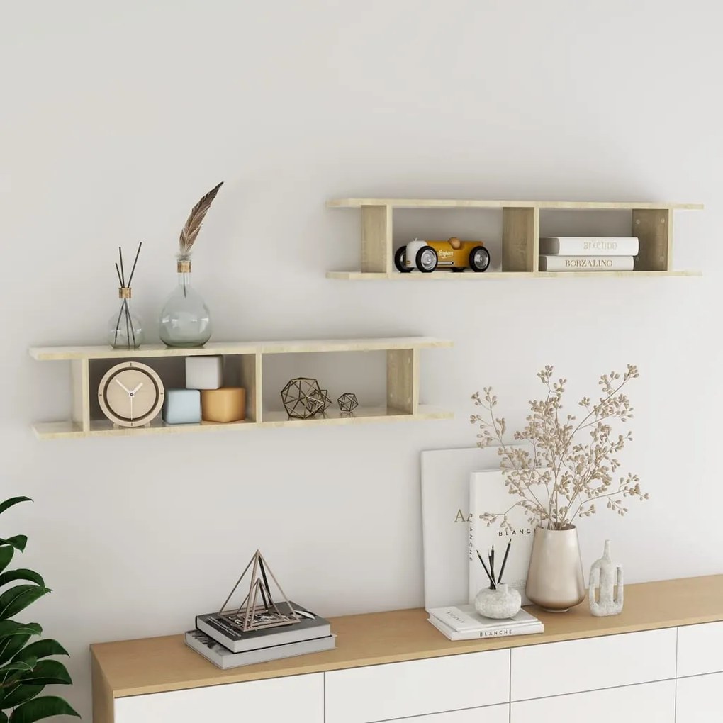 807208 vidaXL Стенни рафтове, 2 бр, дъб сонома, 105x18x20 см, инженерно дърво