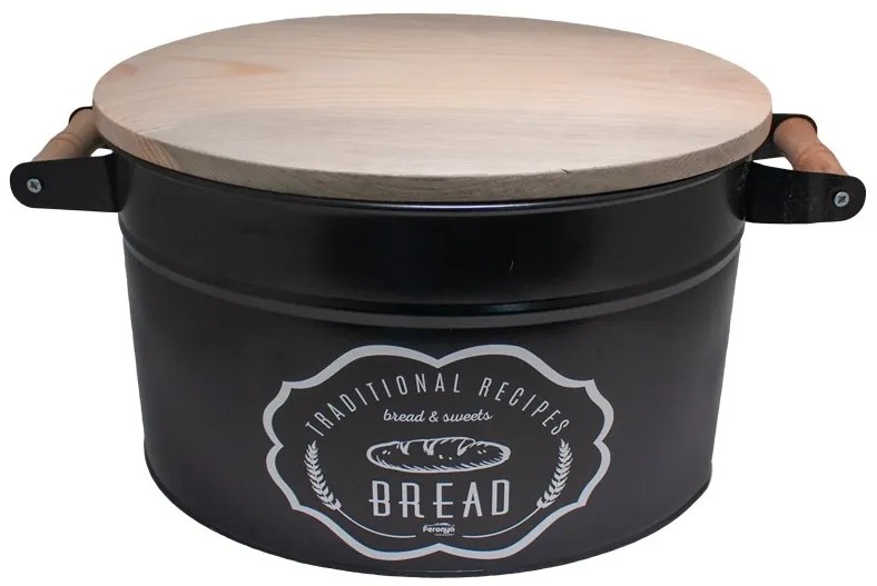 Feronya - Метална кутия за съхранение на хляб с дървен капак - черна