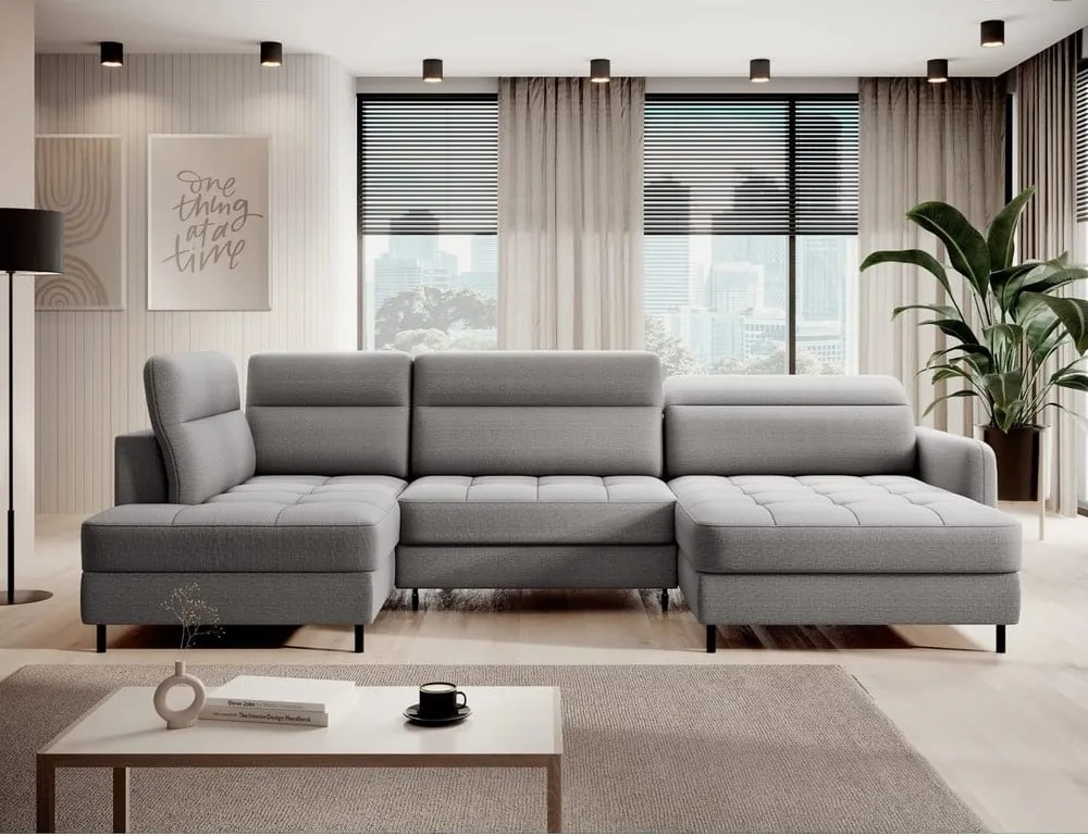 Светлосив кадифен разтегателен ъглов диван с място за съхранение (ляв ъгъл U форма) Berrto – ELTAP