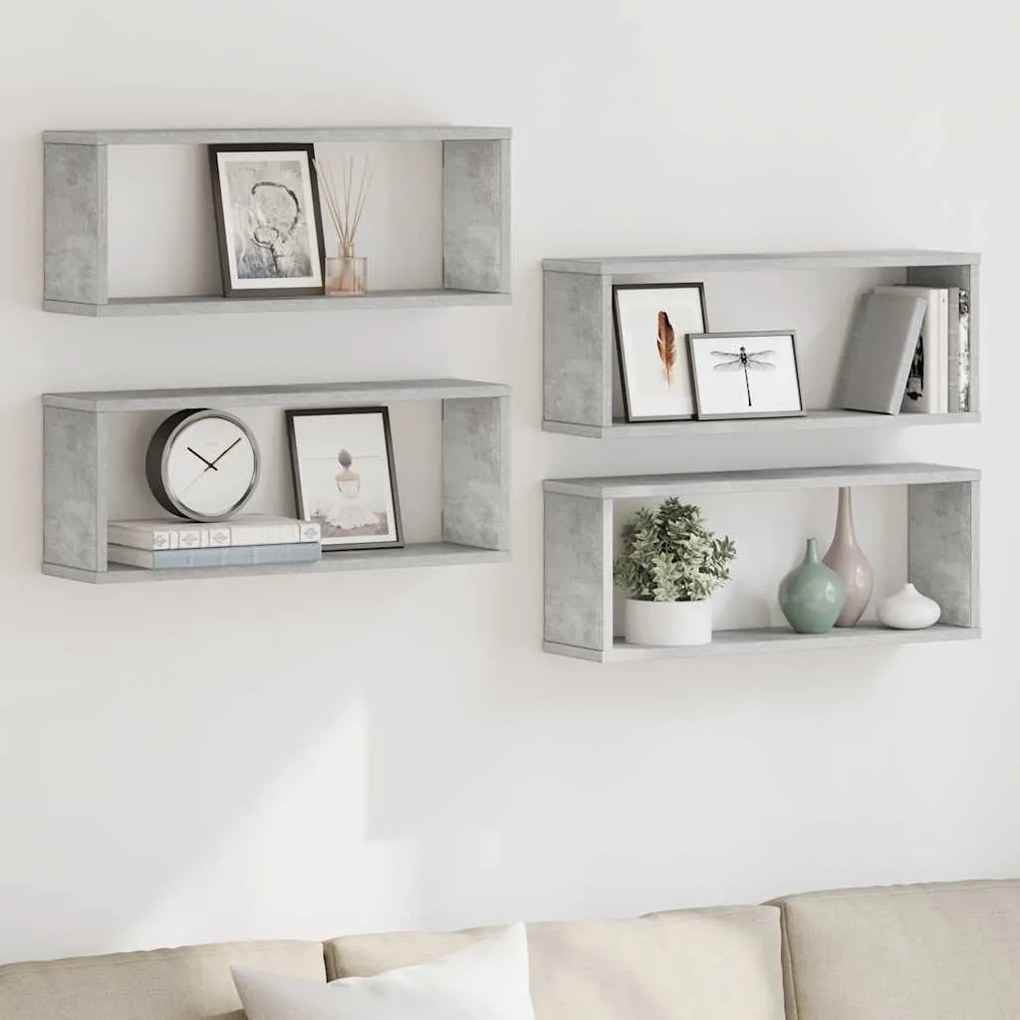 807146 vidaXL Стенни кубични рафтове, 4 бр, бетонно сиви, 60x15x23 см