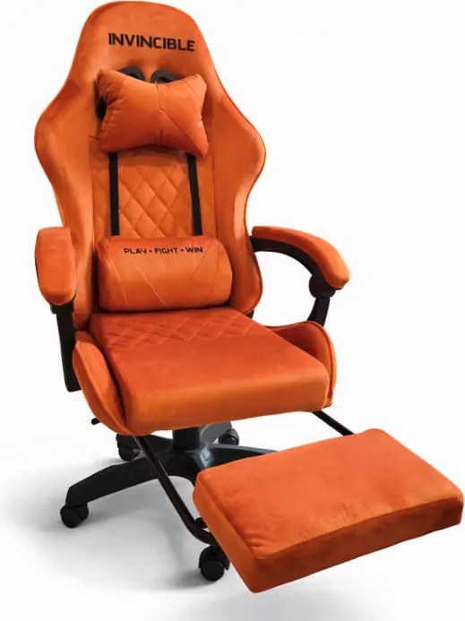 Оранжев геймърски стол с кадифена тапицерия и подвижна поставка за крака