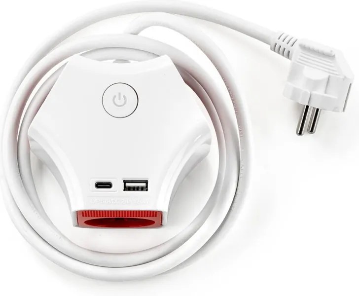 Разклонител с ключ Muhler 1006118, 3680W, 3 гнезда, 2 X USB А+C, 16A, IP20, Бял/оранжев