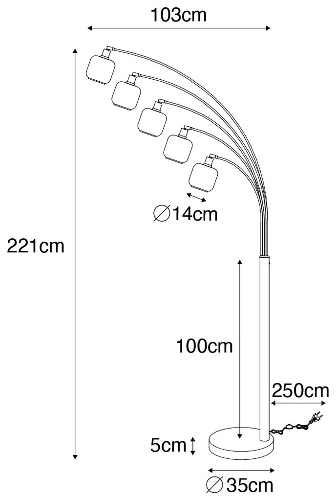 Подова лампа черна със злато с опушено стъкло 5-светлина - Zuzanna