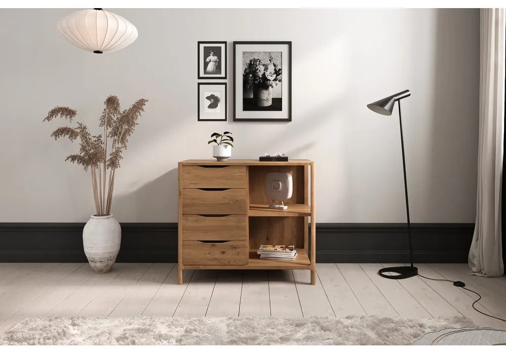 Нисък скрин от масивен дъб в естествен цвят 95x80 cm Twig – The Beds