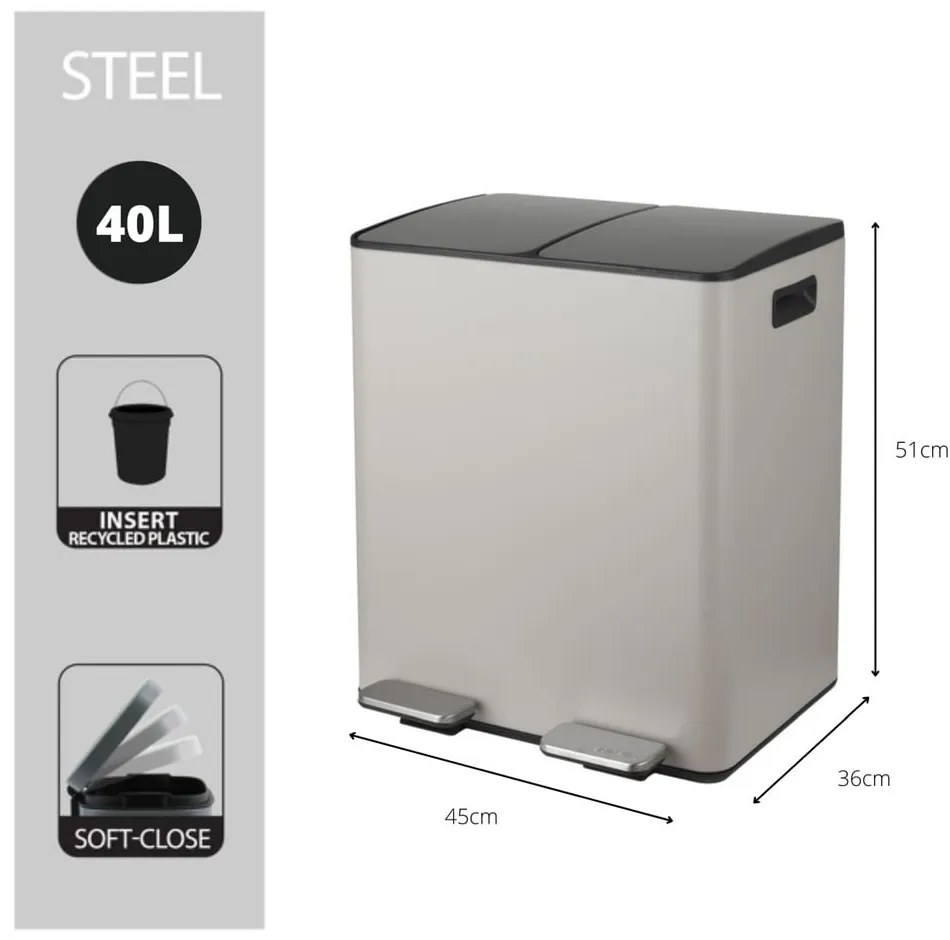 Кафяво-сиво стоманено кошче за боклук 2x20 l за рециклиране с педал Aliya – Spirella