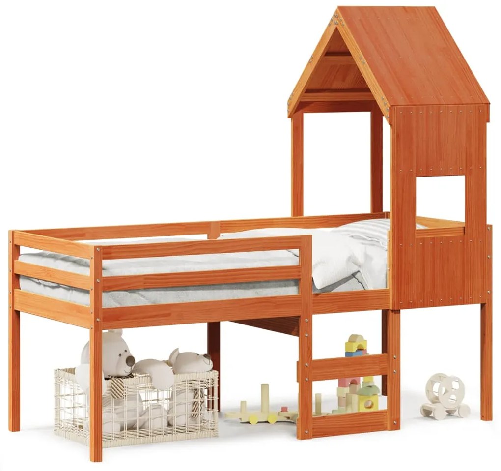 3282021 vidaXL Високо легло с покрив восъчнокафяв 75x190 см борово дърво масив