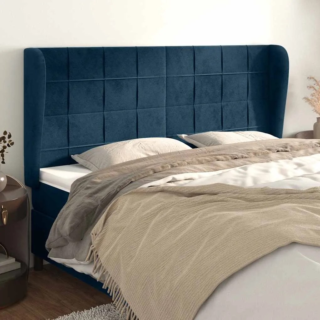 3118014 vidaXL Горна табла за легло с уши, тъмносиня, 163x23x118/128 см кадифе