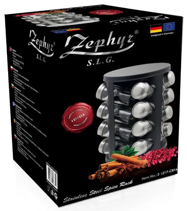 Бурканчета за подправки на стойка ZEPHYR ZP 1217 CR16, 16 бр. бурканчета, 4 нива, Въртяща се основа, Черен