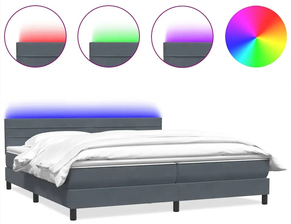 3317038 vidaXL Боксспринг легло с матрак и LED, тъмносиво, 180x220 см, кадифе