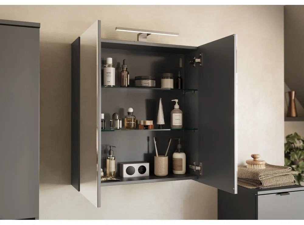 Антрацитен стенен шкаф за баня с огледало 60x71 cm Arcena – Germania