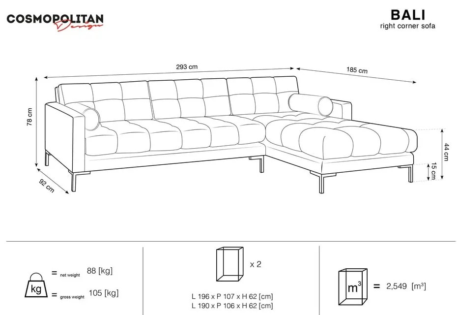 Тъмносив ъглов диван от кадифе , десен ъгъл Bali - Cosmopolitan Design