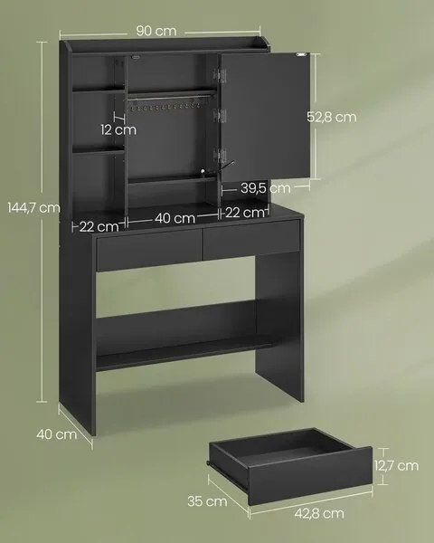 Тоалетка VASAGLE с LED осветление - Черна