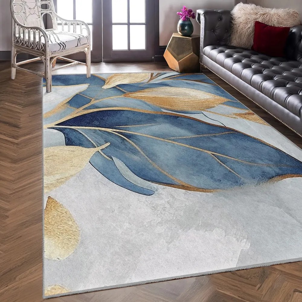 Синьо-златист килим подходящ за пране 160x230 cm Golden Leaves – Mila Home