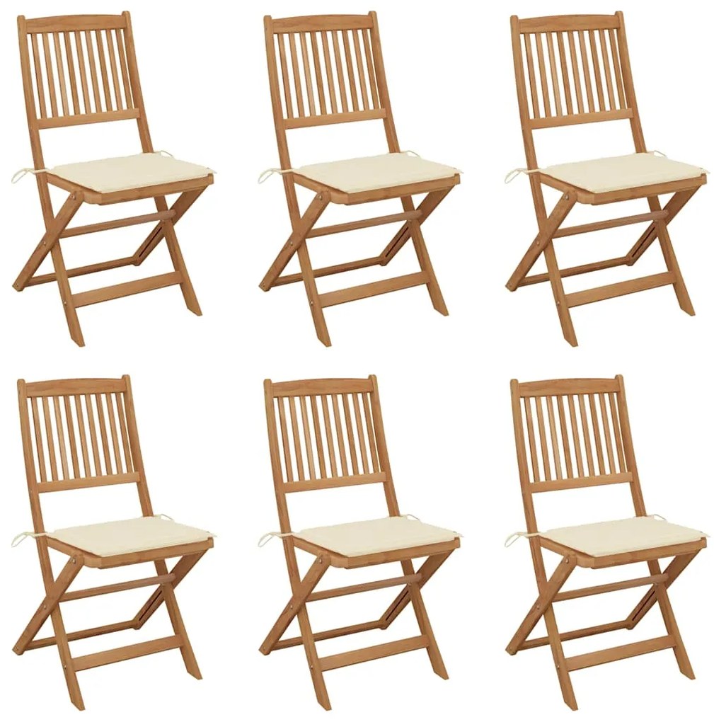 3065490 vidaXL Сгъваеми градински столове, 6 бр, с възглавници, акация масив