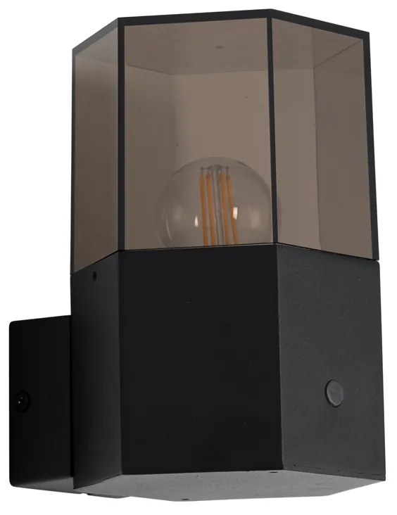 Външна стенна лампа черна с опушено стъкло шестоъгълник и сензор за здрач - Denmark