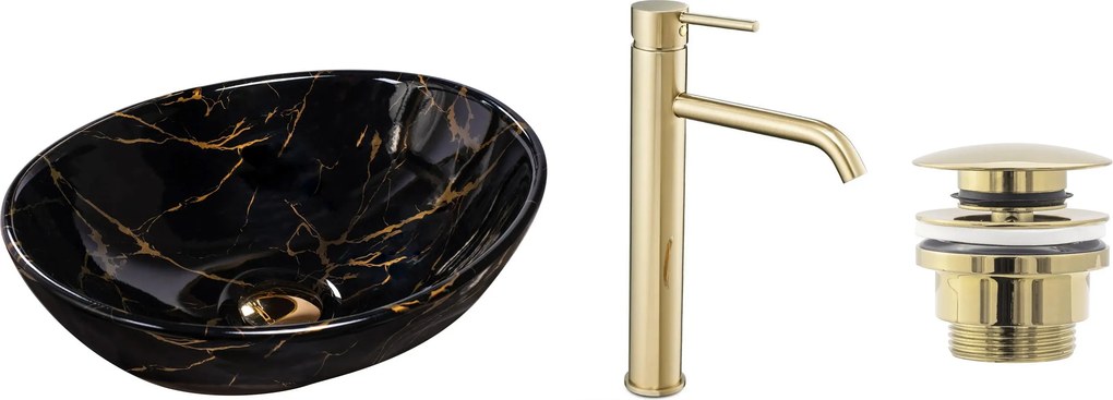 Комплект Умивалник за плот Sofia marble black + Смесител за баня Lungo gold + Изпускателен клапан gold