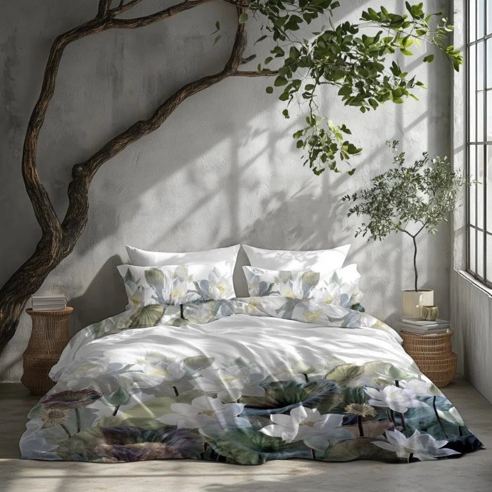 Чаршафи с памучен сатен с мотив на бял лотос 3 časti: 1ks 160x200 + 2ks 70x80