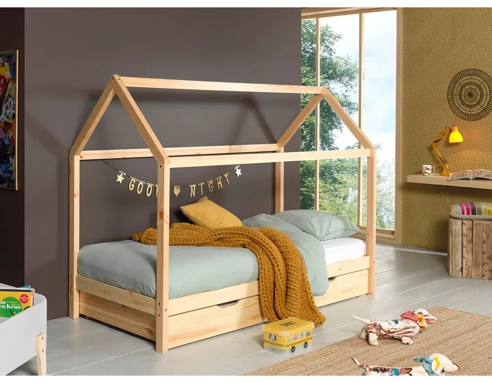Детско разтегателно легло къща от масивен бор с място за съхранение естествено 90x200 cm DALLAS – Vipack