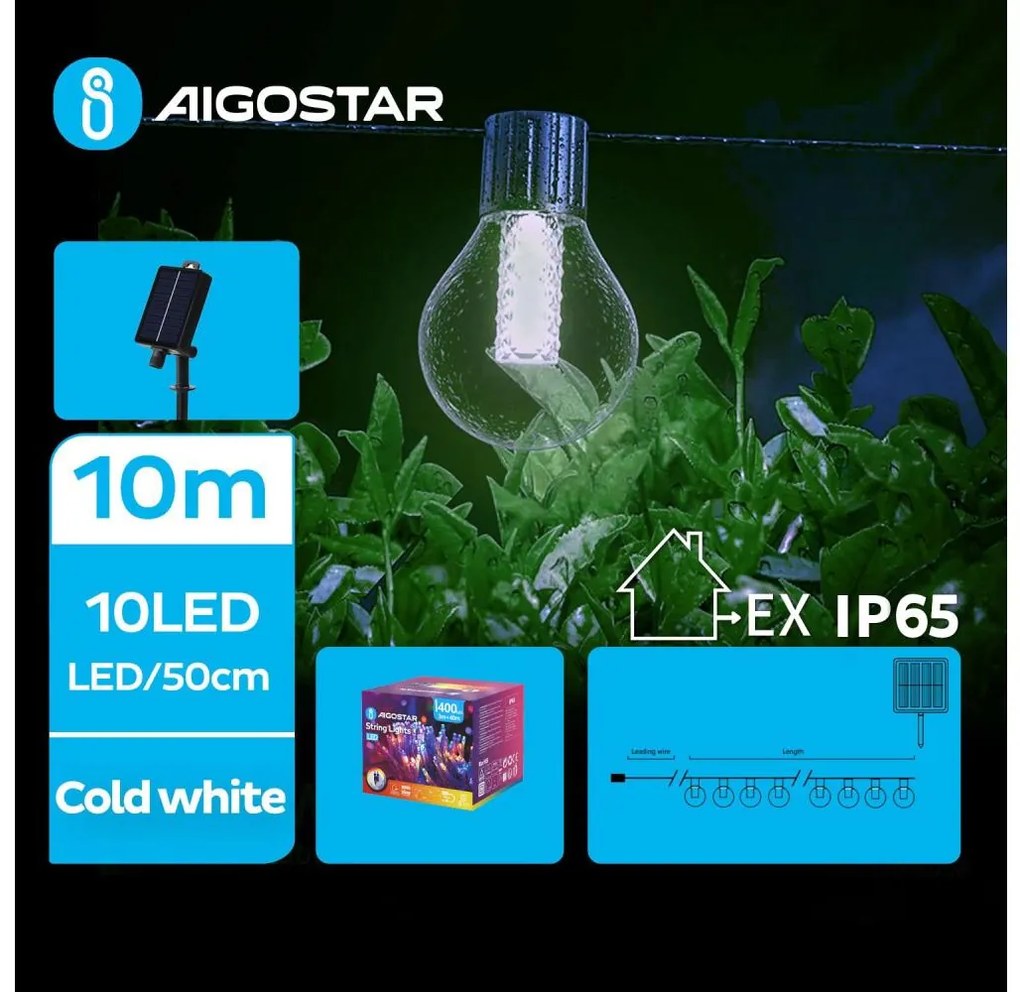 Aigostar - LED соларен декоративен низ 10xLED, 8 функции, 10,5м, IP65, студена б